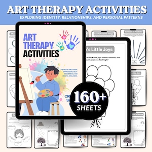 May include: Digital art therapy activities displayed on tablets. The main tablet shows a child painting, with the text "ART THERAPY ACTIVITIES" and "160+ SHEETS". Other tablets show various art prompts and exercises for emotional expression and mental wellness.