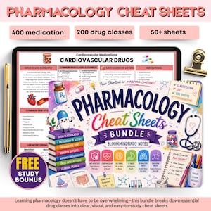 Op de afbeelding: Een digitaal farmacologie spiekbriefjespakket met meer dan 50 studiepagina's. De omslag toont de tekst PHARMACOLOGY Cheat Sheets BUNDLE, illustraties van een stethoscoop, pillenflesjes, een stapel boeken en diverse medische iconen.