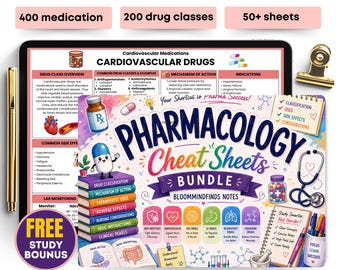 Bundel met spiekbriefjes voor farmacologie, inclusief gratis stickers en flashcards, meer dan 120 geneesmiddelklassen, volledig voorzien van hyperlinks, farmacologie aantekeningen, voor verpleegkundestudenten