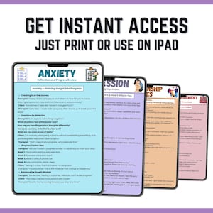 May include: Four digital tablets displaying mental health guides. The tablets show content on anxiety, depression, relationships, and stress relief. The text on the tablets reads "Get Instant Access Just Print or Use on iPad."