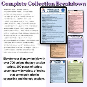 May include: An image showcasing a collection of therapy session scripts. The image includes a list of topics such as managing worry, relationship dynamics, and stress resilience. The text also mentions over 700 unique scripts and 100 pages of content.