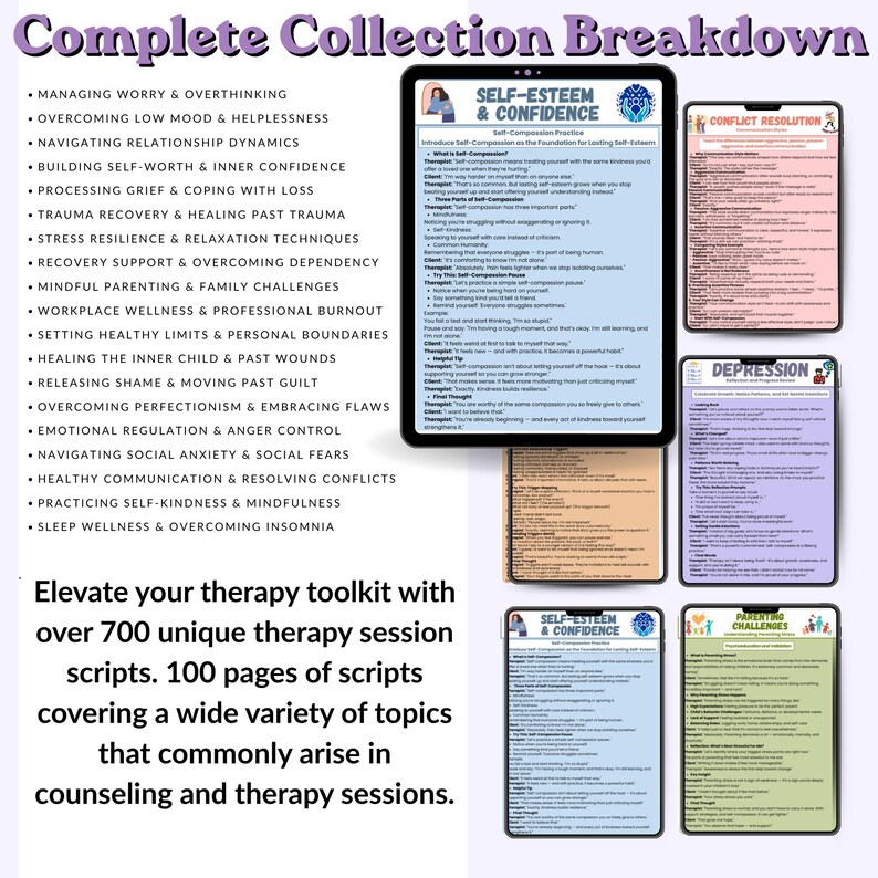 May include: An image showcasing a collection of therapy session scripts. The image includes a list of topics such as managing worry, relationship dynamics, and stress resilience. The text also mentions over 700 unique scripts and 100 pages of content.