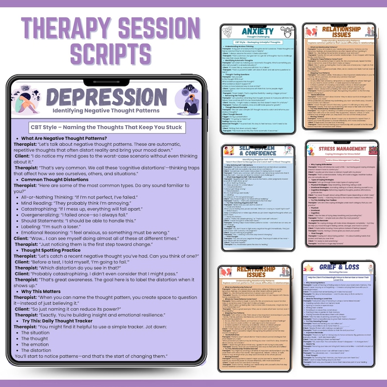 May include: A digital tablet displays a therapy session script for depression, with sections on negative thought patterns and CBT style techniques. Additional cards cover anxiety, relationship issues, self-esteem, stress management, and grief.