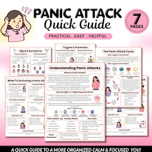 May include: A 7-page educational guide titled Panic Attack Quick Guide, featuring illustrations of a person experiencing anxiety. The pages contain text sections on signs, symptoms, triggers, prevention, and coping techniques for managing panic attacks.