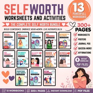 Könnte beinhalten: Ein digitales Paket mit 13 Selbstwert-Arbeitsbüchern und Aktivitäten mit über 300 Seiten an Arbeitsblättern, Postern, Journal-Seiten, Quizzen und Affirmationen. Die Sammlung enthält Titel wie Self Sabotage, Self Forgiveness und Self Advocacy.