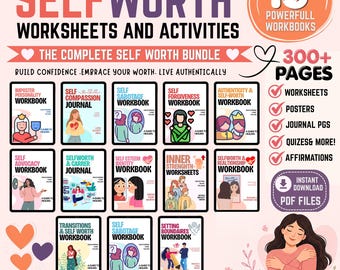 Self Worth Workbook Bundle | 300+ Printable Worksheets PDF | Self Esteem Journal | Mental Health Workbook | Therapy Activities