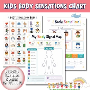 May include: A set of educational worksheets titled Kids Body Sensations Chart, Body Signal Icon Bank, and My Body Signal Map. The pages feature colorful illustrations of body parts, emotional icons, and a blank human outline for tracking physical sensations.