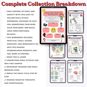May include: A digital workbook collection titled Complete Collection Breakdown, featuring multiple pages on tablets. Pages include Things That Make Me Feel Scared, How Avoidance Maintains Panic, Early Warning Signs, The Panic Cycle, and Reducing Triggers.