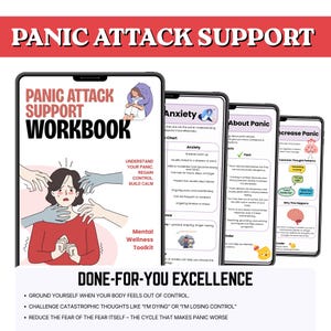 May include: A digital panic attack support workbook displayed on four smartphone screens. The cover features a person in a red shirt surrounded by hands, with text reading Panic Attack Support Workbook, Understand Your Panic, Regain Control, Build Calm.