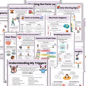 May include: A collection of educational mental health worksheets featuring pastel purple headers and illustrations. Topics include Understanding My Triggers, Early Warning Signs, Panic vs Anxiety, Breathing Exercises, and How Avoidance Maintains Panic.