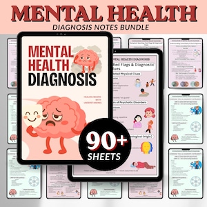 Puede incluir: Un paquete digital titulado "Mental Health Diagnosis Notes Bundle" con dos tabletas que muestran contenido educativo. Las tabletas muestran ilustraciones de un cerebro y texto, incluyendo "Mental Health Diagnosis" y "90+ Sheets."