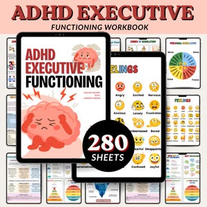 May include: Two tablets displaying an ADHD Executive Functioning Workbook. The cover features a distressed brain graphic and the text "ADHD EXECUTIVE FUNCTIONING." The workbook includes 280 sheets and various charts.