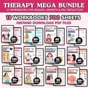 Può includere: Un pacchetto digitale di terapia con 15 quaderni di esercizi e diari per la guarigione, la crescita e l'autoriflessione. La collezione include 700 fogli in formato PDF, con titoli come Setting Boundaries, Self Compassion e Overcome Anxiety.