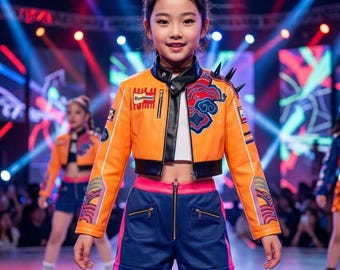 Girls K-Pop Idol Orange Dance Costume – 3 Piece Performance Set, Cosplay Outfit