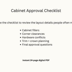 Puede incluir: Un PDF digital titulado "Cabinet Approval Checklist" sobre un fondo blanco. La lista de verificaci&oacute;n incluye elementos como rellenos de gabinetes, espacios libres de esquinas y conflictos de hardware. El texto anima a los usuarios a revisar los detalles del dise&ntilde;o. El PDF tiene 24 p&aacute;ginas.