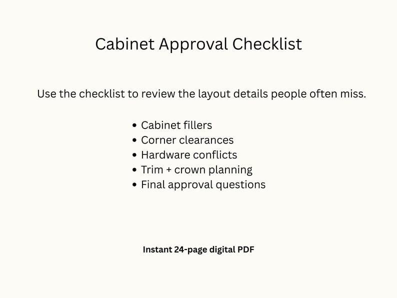 Puede incluir: Un PDF digital titulado "Cabinet Approval Checklist" sobre un fondo blanco. La lista de verificaci&oacute;n incluye elementos como rellenos de gabinetes, espacios libres de esquinas y conflictos de hardware. El texto anima a los usuarios a revisar los detalles del dise&ntilde;o. El PDF tiene 24 p&aacute;ginas.