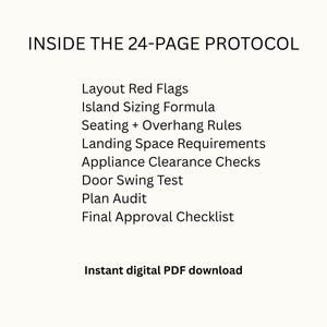 Puede incluir: Fondo blanco con texto negro. El texto dice "INSIDE THE 24-PAGE PROTOCOL" seguido de una lista de temas que incluyen "Layout Red Flags" y "Final Approval Checklist". La parte inferior de la imagen dice "Instant digital PDF download".