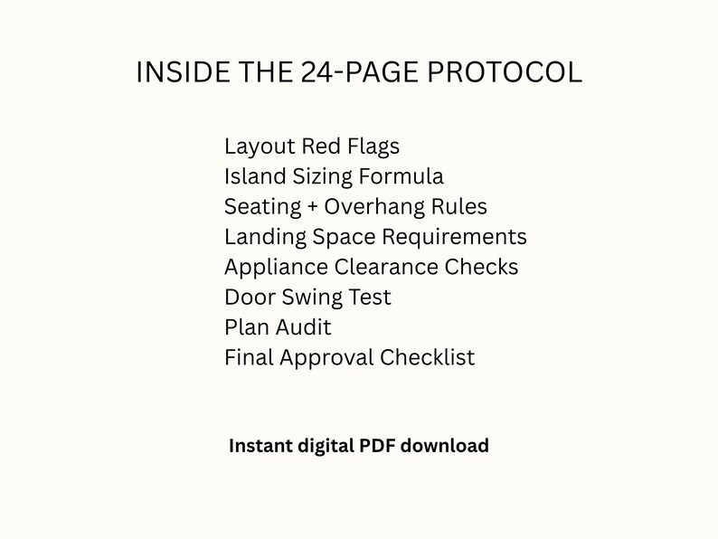 Puede incluir: Fondo blanco con texto negro. El texto dice "INSIDE THE 24-PAGE PROTOCOL" seguido de una lista de temas que incluyen "Layout Red Flags" y "Final Approval Checklist". La parte inferior de la imagen dice "Instant digital PDF download".