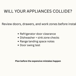 Puede incluir: Fondo blanco con texto negro. El texto dice "WILL YOUR APPLIANCES COLLIDE?" seguido de una lista de consideraciones para la instalaci&oacute;n de electrodom&eacute;sticos de cocina, incluyendo el espacio de las puertas y pruebas de giro. El texto "Plan before the expensive mistakes happen" est&aacute; en la parte inferior.
