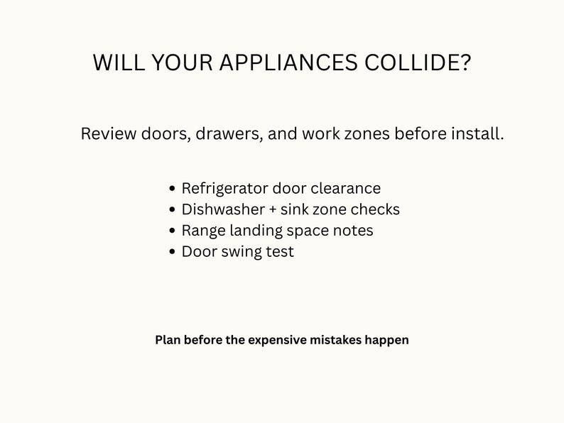Puede incluir: Fondo blanco con texto negro. El texto dice "WILL YOUR APPLIANCES COLLIDE?" seguido de una lista de consideraciones para la instalaci&oacute;n de electrodom&eacute;sticos de cocina, incluyendo el espacio de las puertas y pruebas de giro. El texto "Plan before the expensive mistakes happen" est&aacute; en la parte inferior.