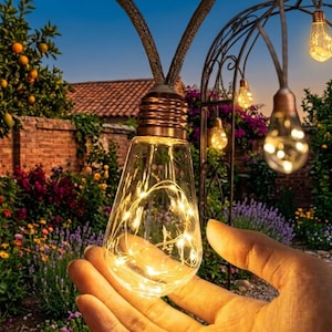May include: A clear glass pear-shaped light bulb with a copper-colored base, containing a thin wire with small glowing warm white LED lights inside. The bulb is suspended by a dark cord, with additional similar bulbs hanging in the background.