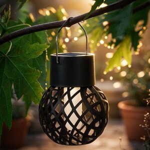 May include: A spherical solar lantern featuring a black lattice cage design and a central white light cylinder. The lantern includes a black top cap with an integrated solar panel and a silver metal handle for hanging from a tree branch.