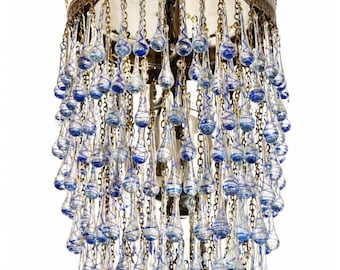 Lámpara de araña de cristal azul hecha a mano, lámpara colgante bohemia de latón antiguo, decoración otomana marroquí.