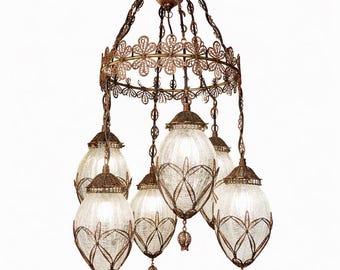 Lámpara de araña turca hecha a mano, colgante otomano de latón con 6 luces de cristal transparente, iluminación floral.