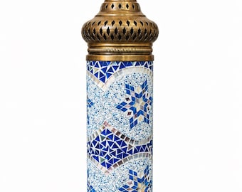 Lampada cilindrica con mosaico turco blu, lampada da terra marocchina fatta a mano, lampada da terra ottomana, lampada da tavolo alta boho, regalo per la casa in stile orientale