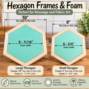May include: Two light-colored wooden hexagon frames with mint green foam inserts. The larger frame measures 10 inches flat side to flat side with an 8-11/16 inch foam width. The smaller frame measures 8 inches flat side to flat side with a 6-3/4 inch foam width.