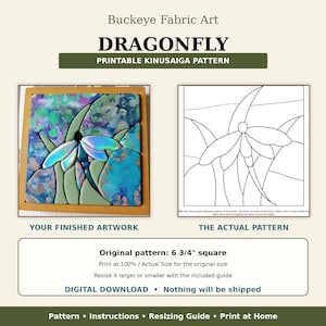 May include: A digital download for a Buckeye Fabric Art dragonfly Kinusaiga pattern. The image displays a finished artwork with iridescent blue and green fabric pieces, a black and white line drawing pattern, and text stating 6 3/4 inch square.