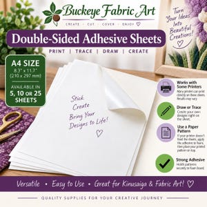 May include: A stack of white double-sided adhesive sheets in A4 size, measuring 8.3 inches by 11.7 inches. The top sheet is partially peeled back. Text on the sheets reads: Stick, Create, Bring Your Designs to Life! with a heart symbol.