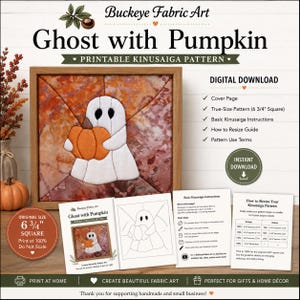 Könnte beinhalten: Ein digitaler Download für ein Kinusaiga-Muster Geist mit Kürbis von Buckeye Fabric Art. Das Set enthält ein Deckblatt, ein maßstabsgetreues 17,15 cm großes quadratisches Muster, grundlegende Anleitungen, eine Größenanpassung und Nutzungsbedingungen.