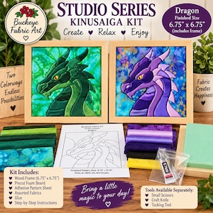 May include: A Buckeye Fabric Art Studio Series Kinusaiga kit for a dragon design. Includes two framed finished dragon art pieces in green and purple, a printed pattern sheet, assorted fabric strips, glue, and a foam board. Finished size 6.75" x 6.75".