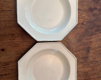 Par de platos de sopa RL franceses antiguos / 19o C Robert Lebeuf Ironstone / Deep White Terre de Fer Assiettes Creuses / 9"