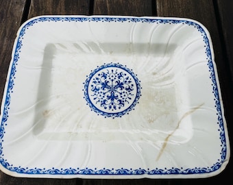 Plato antiguo de loza francesa Gien Geoffroy & Cie 1856-1875 Azul blanco Transferencia Arabesco Medallón Marca GIEN Diamante