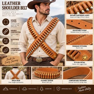 May include: A tan leather shoulder belt featuring two crossed straps with multiple loops for holding cartridges. The belt includes a metal star detail, adjustable holes, and visible stitching. It is designed to be worn over the shoulders, with a back view showing the crossed configuration and a flexible design for movement.