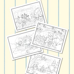 以下が含まれることがあります： 「Summer Printable」と題された4枚の白黒の塗り絵ページ。イラストには、ガーデニング、ボートでの釣り、橋の上での自転車乗り、フクロウと一緒に焚き火でキャンプをする擬人化されたクマの様々なシーンが描かれています。
