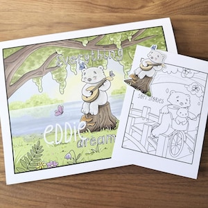 Puede incluir: Dos ilustraciones de un oso blanco tocando un laúd. Una es una impresión a color con el texto "Everything Eddie Dream". La otra es una página para colorear en blanco y negro con el texto "Sofi Stories". Ambas imágenes tienen un estilo caprichoso de cuento.