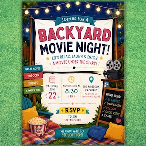 May include: A vibrant invitation for a backyard movie night. The design includes the text "Backyard Movie Night!" with event details such as date, time, and location. There's a popcorn bucket, pillows, and a vintage film projector.