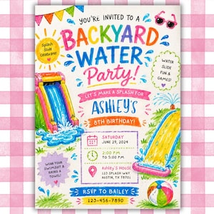 Könnte beinhalten: Eine bunte Einladung für eine Backyard Water Party zum 8. Geburtstag von Ashley. Die Karte zeigt Illustrationen von Wasserrutschen, einem Wasserball und einer Sonnenbrille sowie Text mit Datum, Uhrzeit, Ort und RSVP-Informationen.