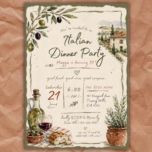 Italian Dinner Party Invitation Template, Adult Birthday Party
