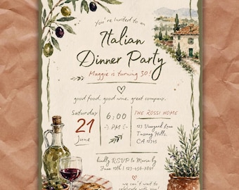 Può includere: Un invito per una cena italiana con illustrazioni ad acquerello di rami d'ulivo, una villa toscana, una bottiglia di vino, un bicchiere di vino rosso, pane e una pianta in vaso. Il testo include i dettagli dell'evento, la data e il luogo.