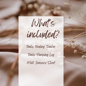 May include: A white card with the text "What's included?" in a handwritten font. Below, the card lists "Daily Feeding Tracker," "Daily Pumping Log," and "Milk Inventory Sheet." The background is a soft, neutral color with dried flowers.