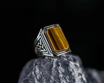 Anillo de plata con ojo de tigre natural, joyería moderna vintage hecha a mano, regalo con ojos de tigre para él.
