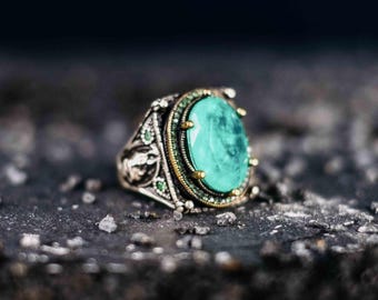 Anillo de plata con turmalina Paraíba natural, joyería otomana vintage hecha a mano, regalo para él de Maldivas Soul.