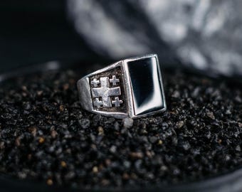 Pierścień ze srebra z czarnym onyksem, ręcznie robiona gotycka biżuteria vintage, Saints Of The City Him
