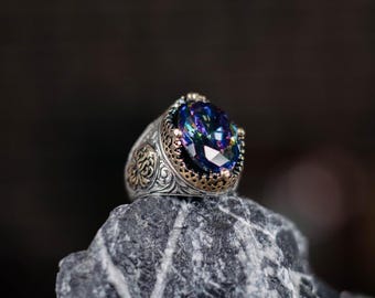 Anillo de plata con topacio místico, joyería vintage otomana hecha a mano, regalo mágico del universo para él.