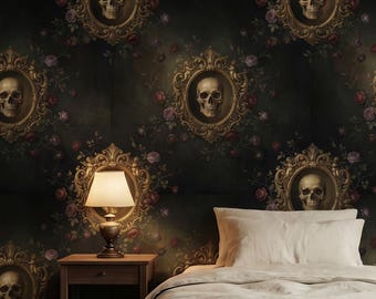 Dark Floral Skull Mural Gothic Peel and Stick Wall Paper Baroque Removable Wall Mural Non Woven Vinyl