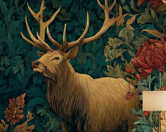 Floral Deer Peel Stick Wallpaper, William Morris Animal Wall Mural, Removable Botanical Wallpaper
